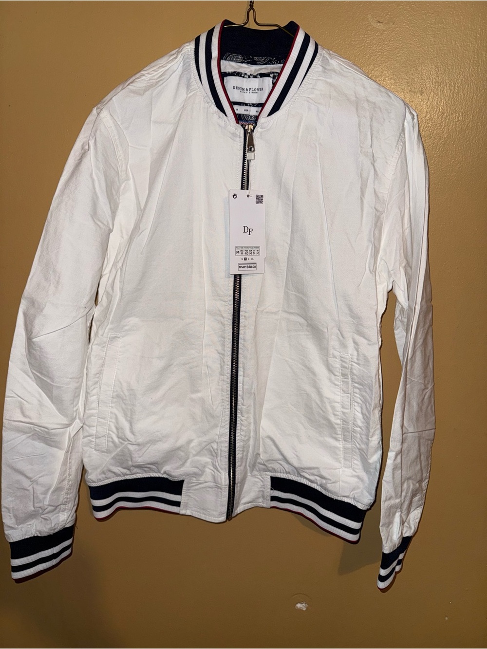 Denim & Flower White Bomber Jacket with Navy and Red Trim medium